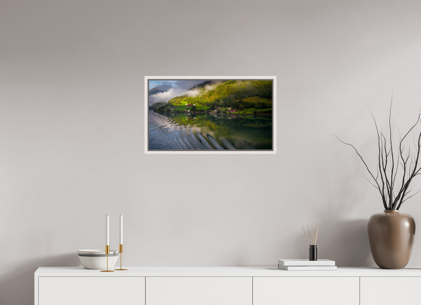64 x 36 cm, White Frame Lustrafjord morning