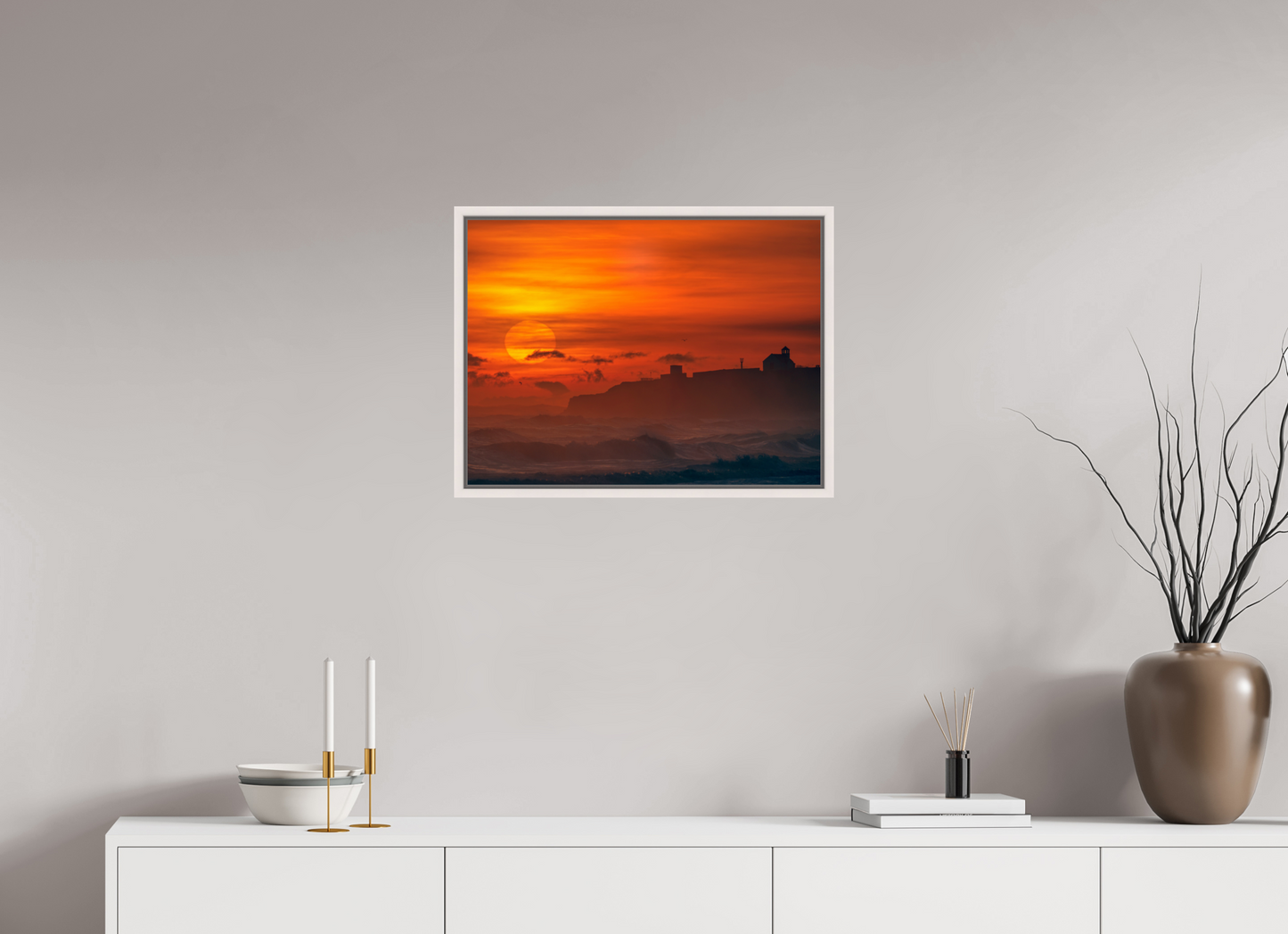 60 x 45 cm, White Frame January Sunrise. Seaton Sluice