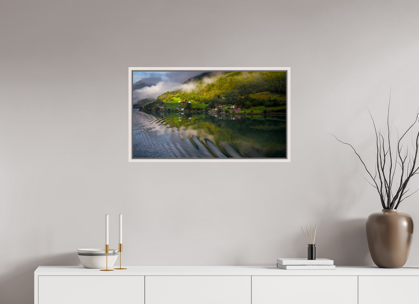 80 x 45 cm, White Frame Lustrafjord morning
