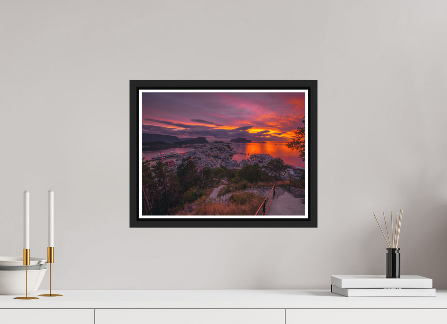 40 x 30 cm, Matt Black Frame Balmoral. Alesund Sunset