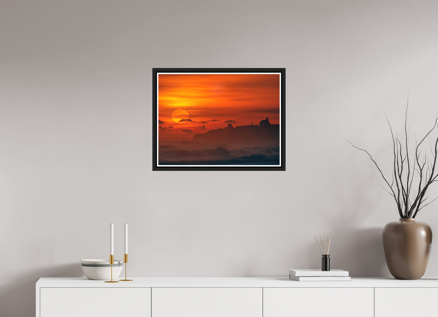 60 x 45 cm, Matt Black Frame January Sunrise. Seaton Sluice