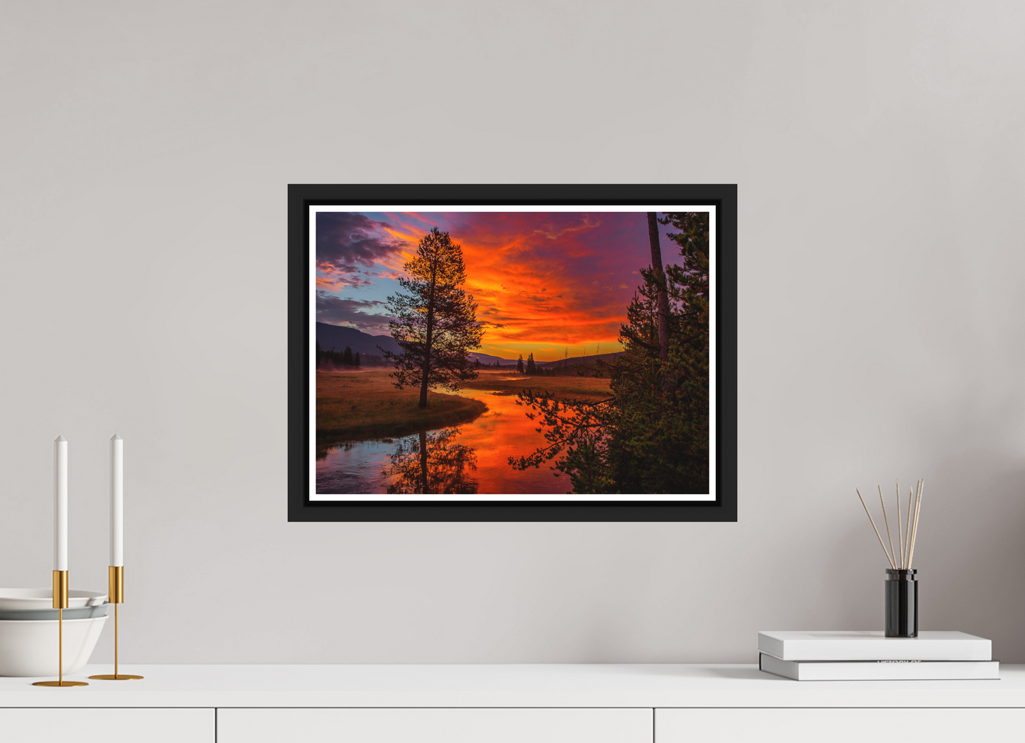 42 x 30 cm, Matt Black Frame Yellowstone Sunrise