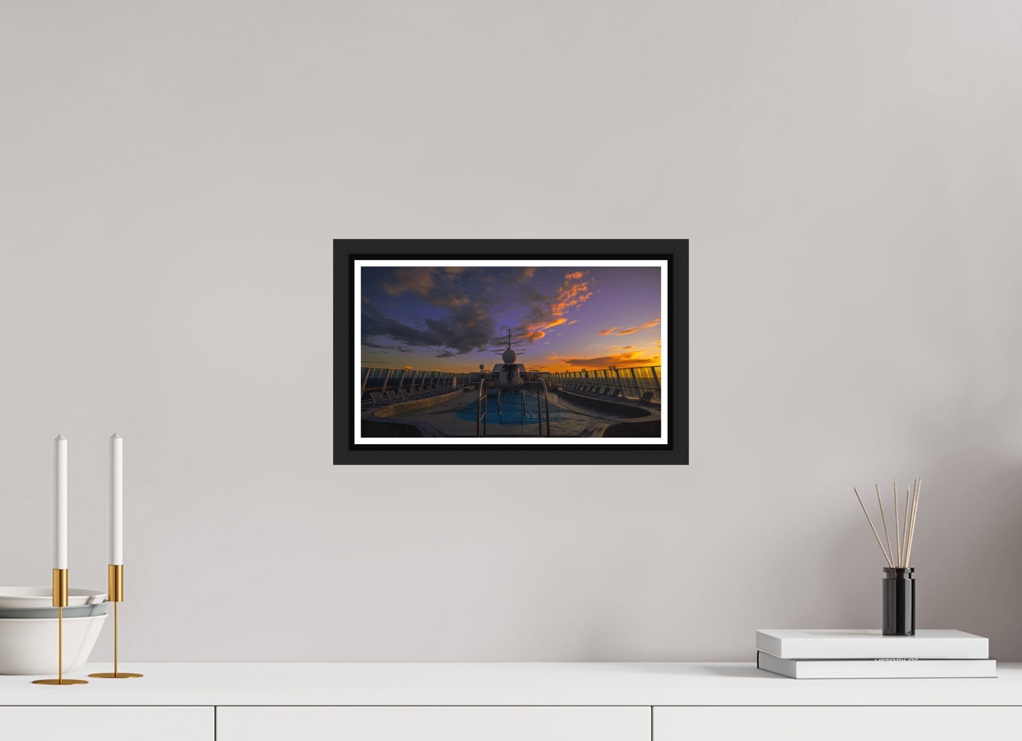 32 x 18 cm, Matt Black Frame Balmoral Sunset by the Pool
