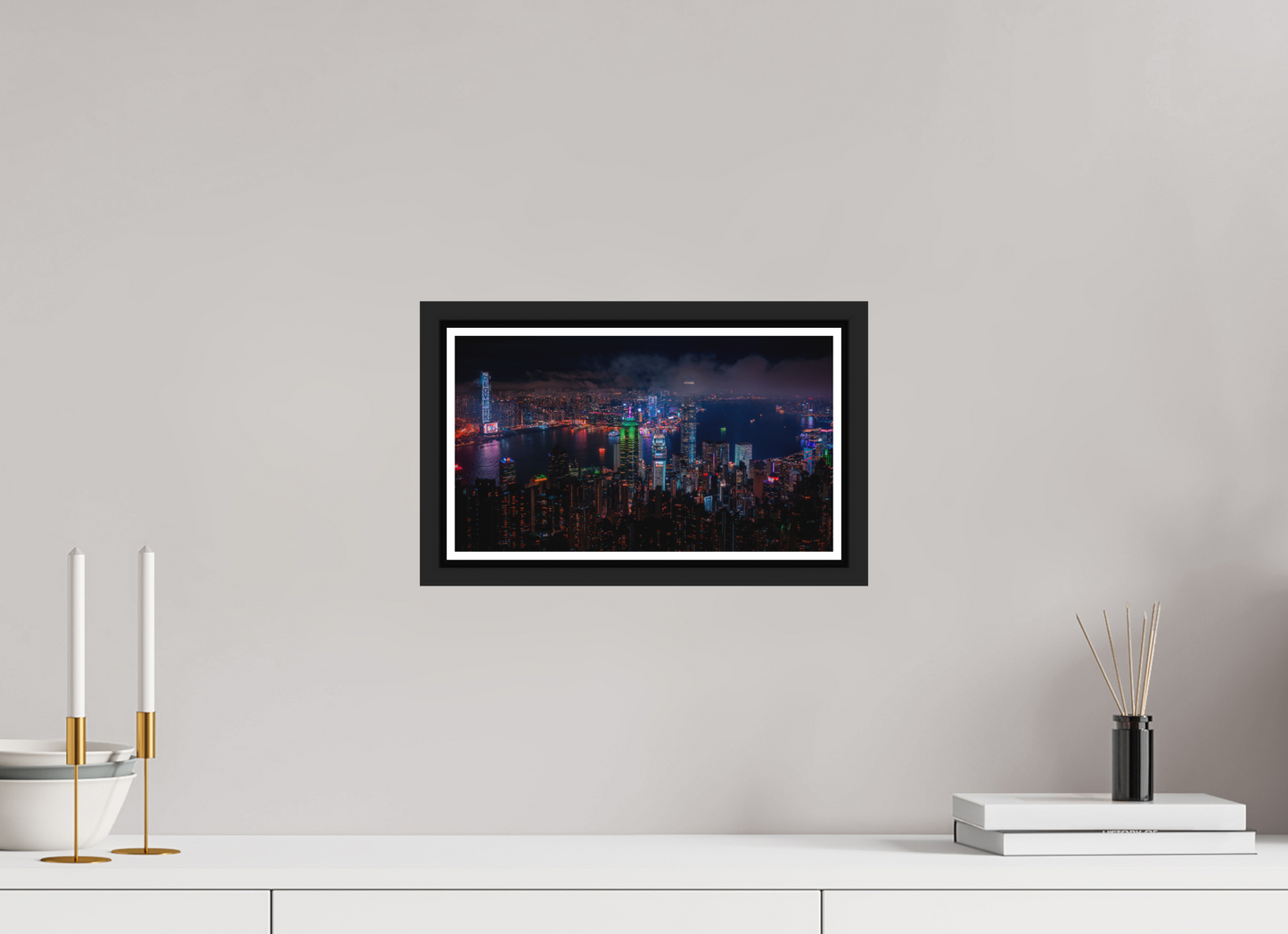 32 x 18 cm, Matt Black Frame Hong Kong Skyline from Victoria Peak