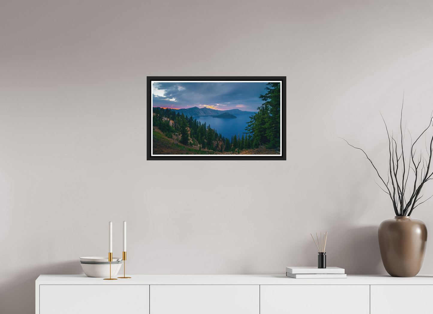 64 x 36 cm, Matt Black Frame Crater Lake After Sunset