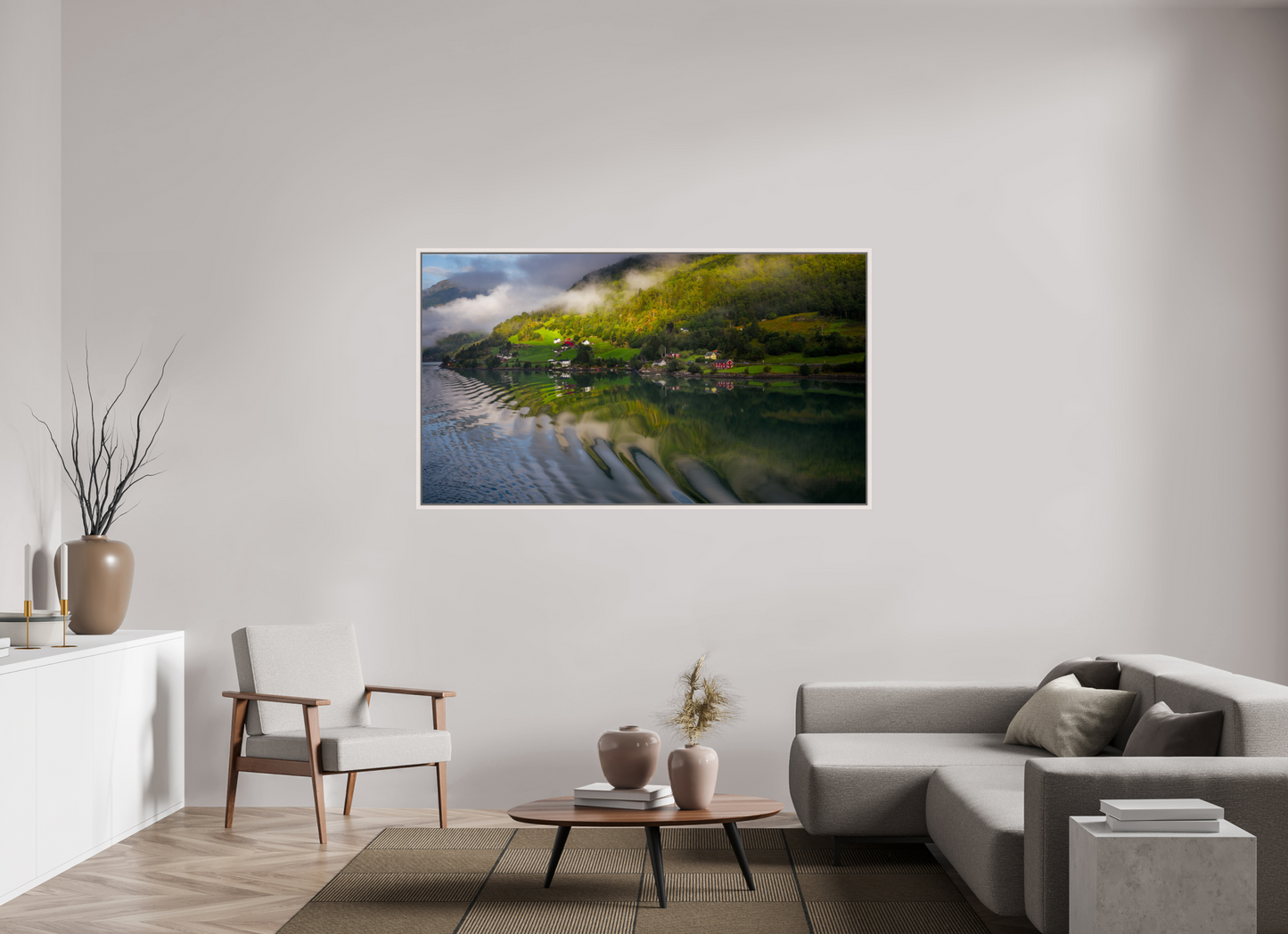 176 x 99 cm, White Frame Lustrafjord morning