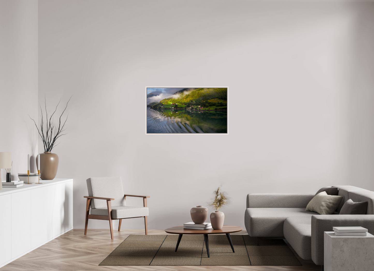 112 x 63 cm, White Frame Lustrafjord morning