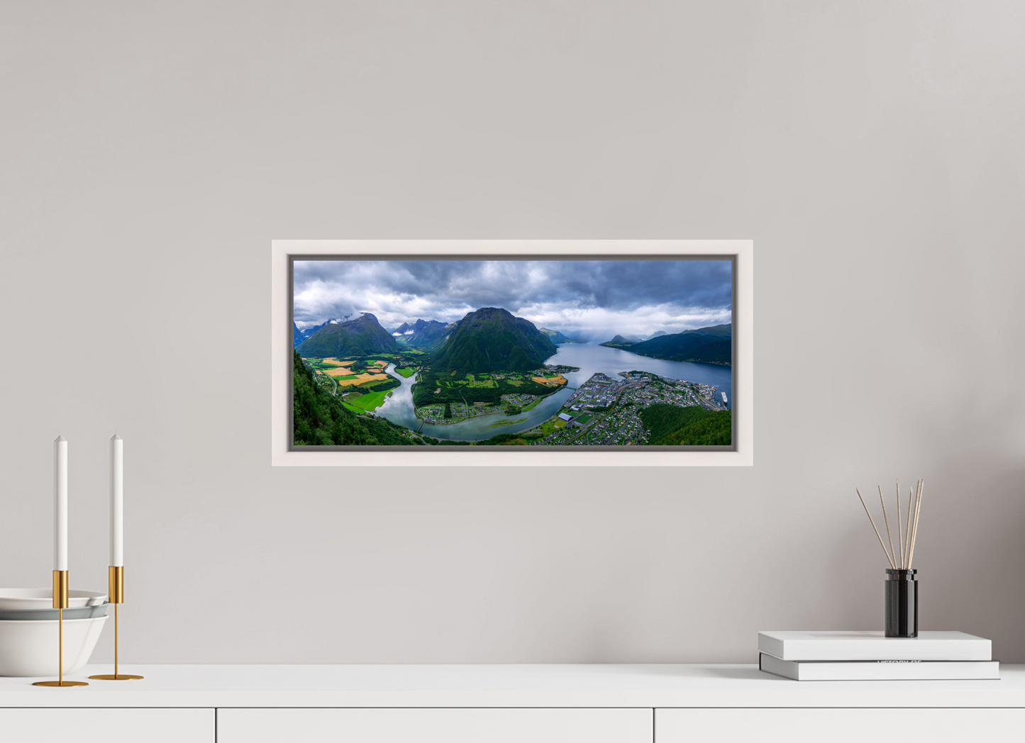 47.4 x 20 cm, White Frame Andalsnes View from the Rampestreken
