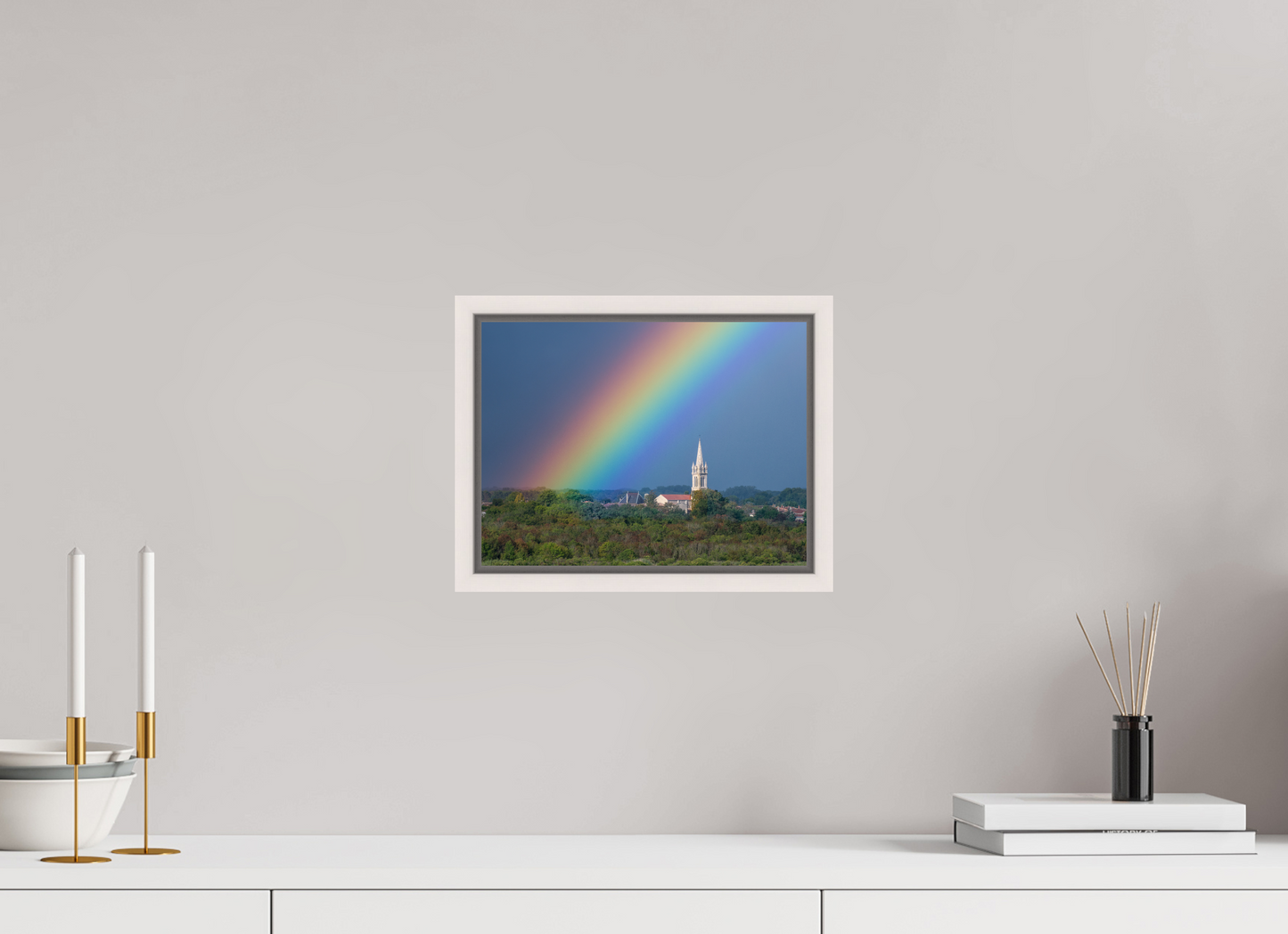 28 x 21 cm, White Frame Church and rainbow