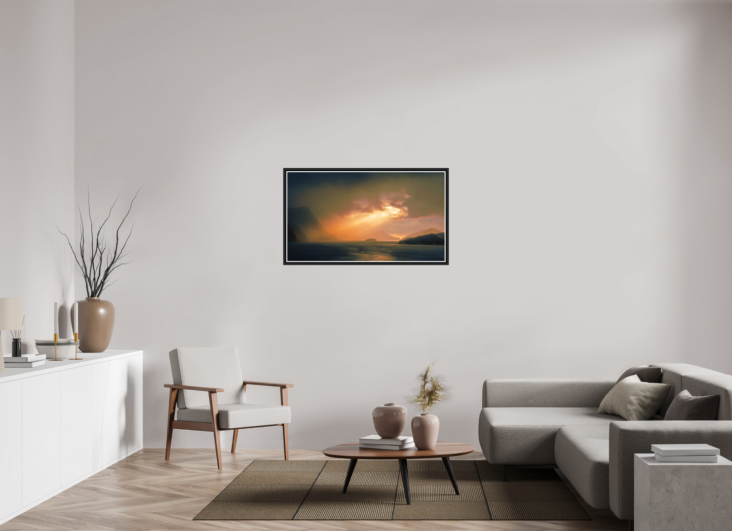 112 x 63 cm, Matt Black Frame Olden Sunset