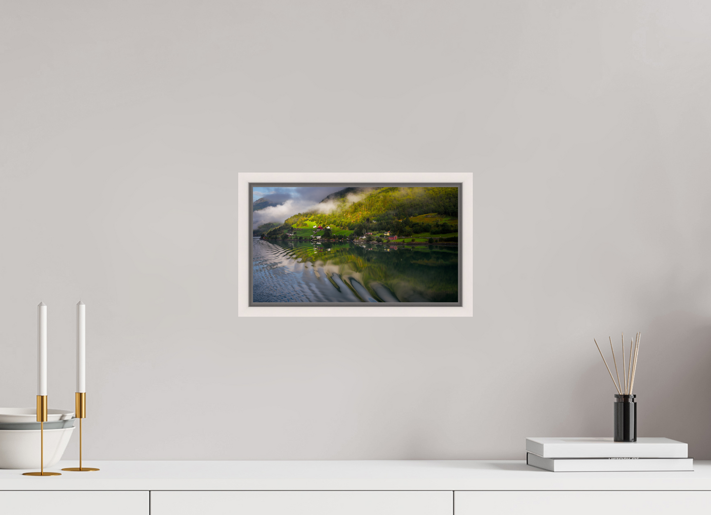 32 x 18 cm, White Frame Lustrafjord morning
