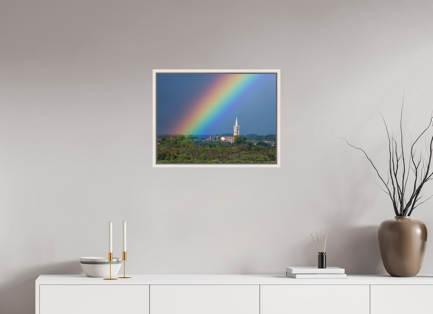 60 x 45 cm, White Frame Church and rainbow
