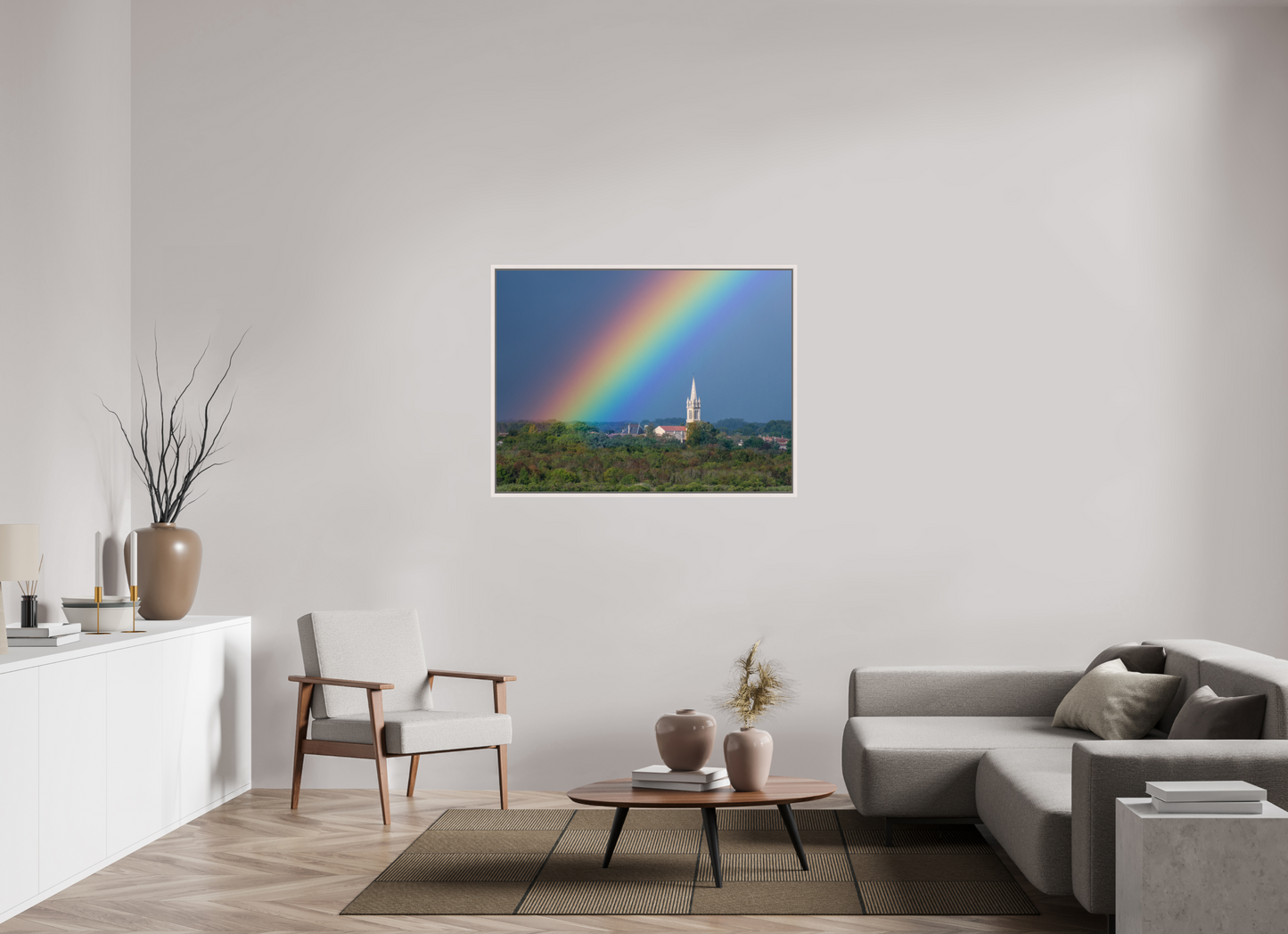 120 x 90 cm, White Frame Church and rainbow