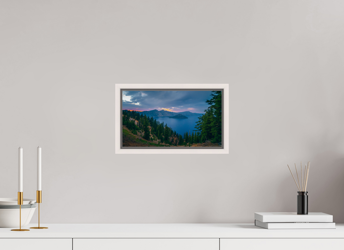 32 x 18 cm, White Frame Crater Lake After Sunset