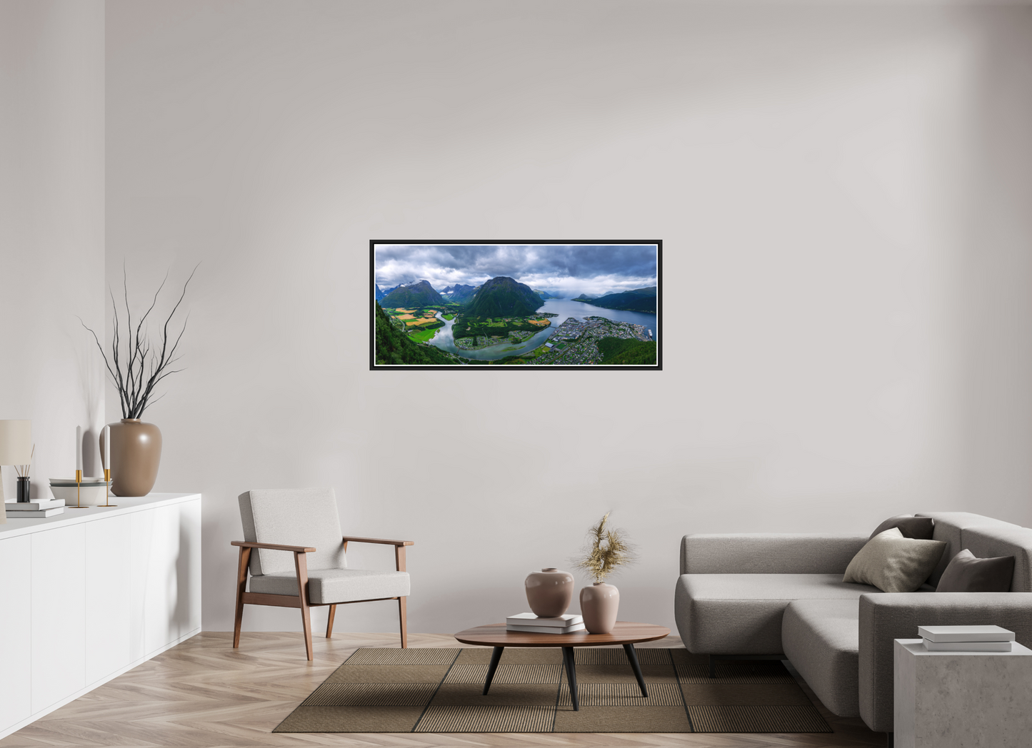 142.1 x 60 cm, Matt Black Frame Andalsnes View from the Rampestreken