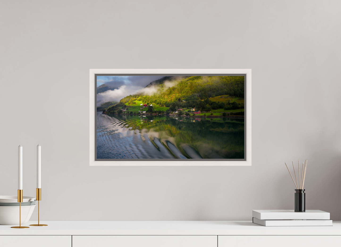 48 x 27 cm, White Frame Lustrafjord morning