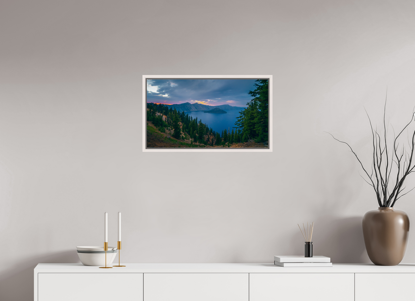 64 x 36 cm, White Frame Crater Lake After Sunset
