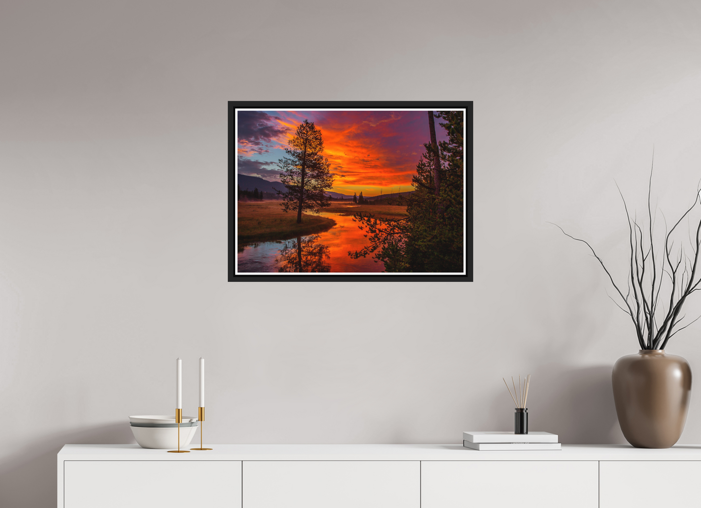 70 x 50 cm, Matt Black Frame Yellowstone Sunrise