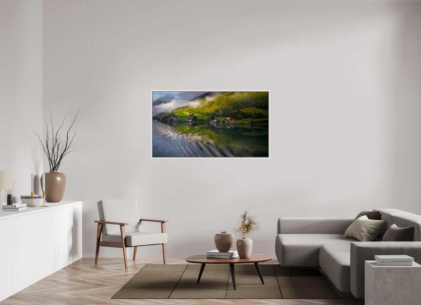144 x 81 cm, White Frame Lustrafjord morning