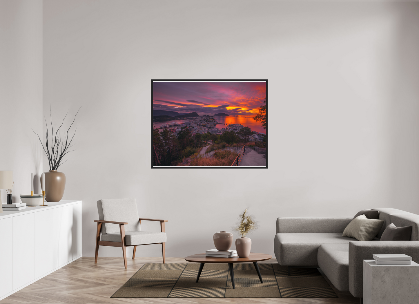 140 x 105 cm, Matt Black Frame Balmoral. Alesund Sunset