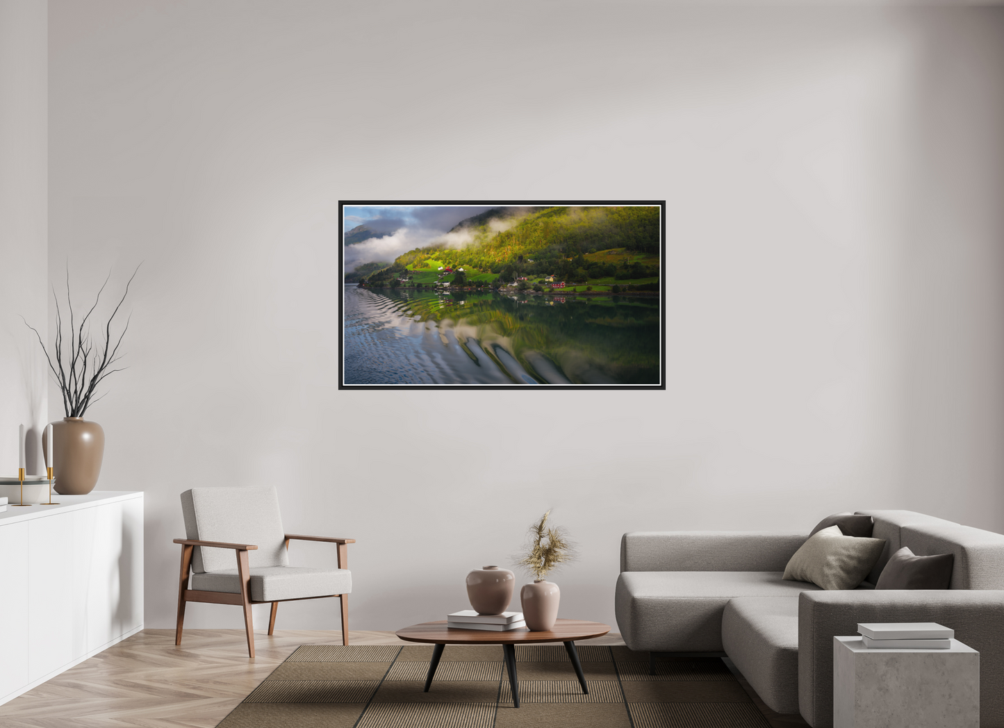 160 x 90 cm, Matt Black Frame Lustrafjord morning