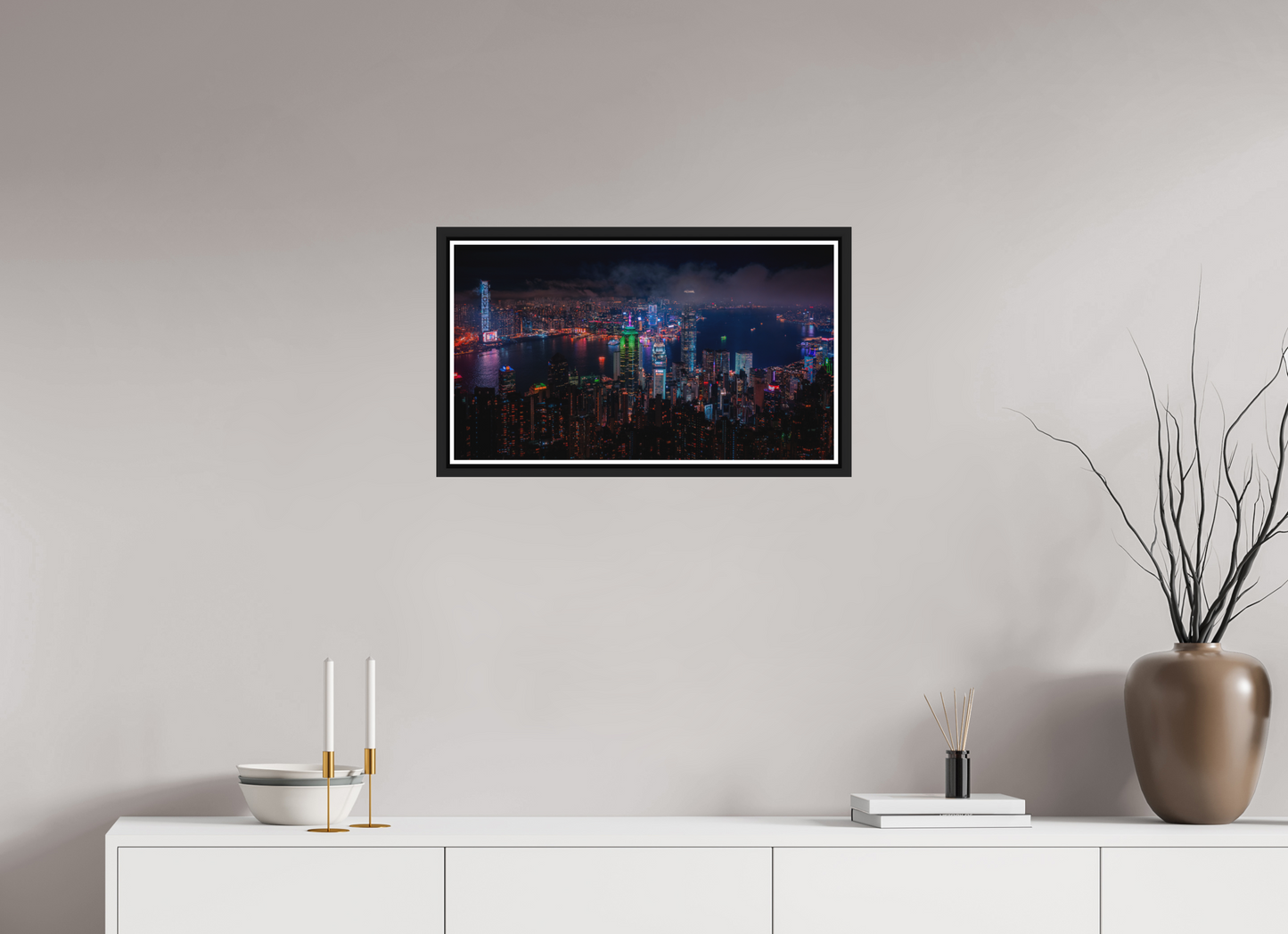 64 x 36 cm, Matt Black Frame Hong Kong Skyline from Victoria Peak