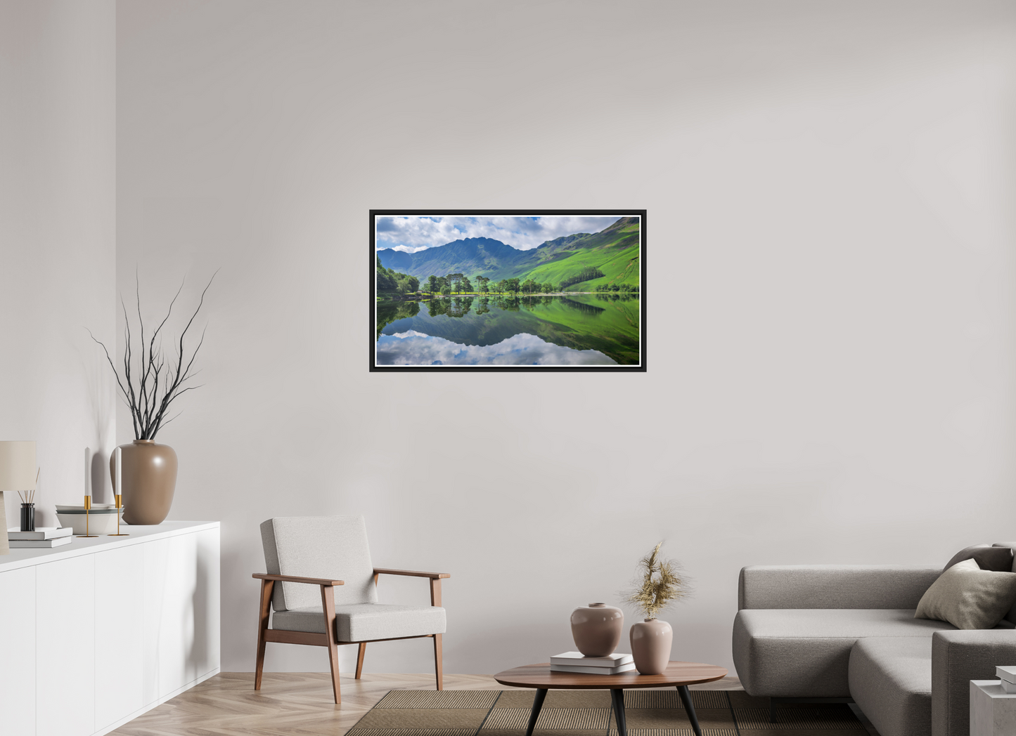 106.7 x 60 cm, Matt Black Frame Buttermere Summer reflections