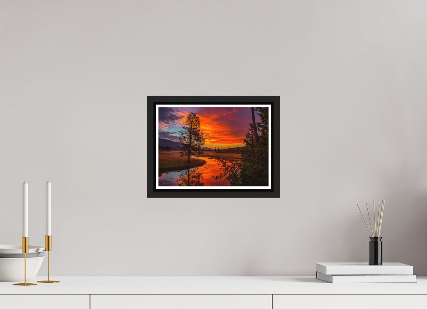 28 x 20 cm, Matt Black Frame Yellowstone Sunrise