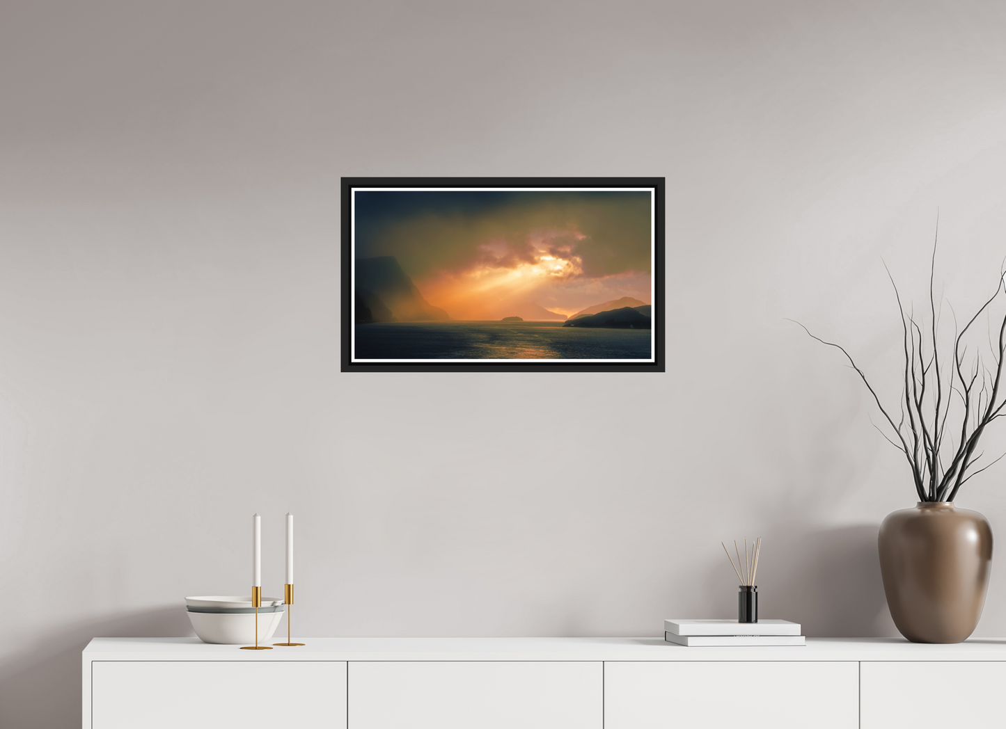 64 x 36 cm, Matt Black Frame Olden Sunset