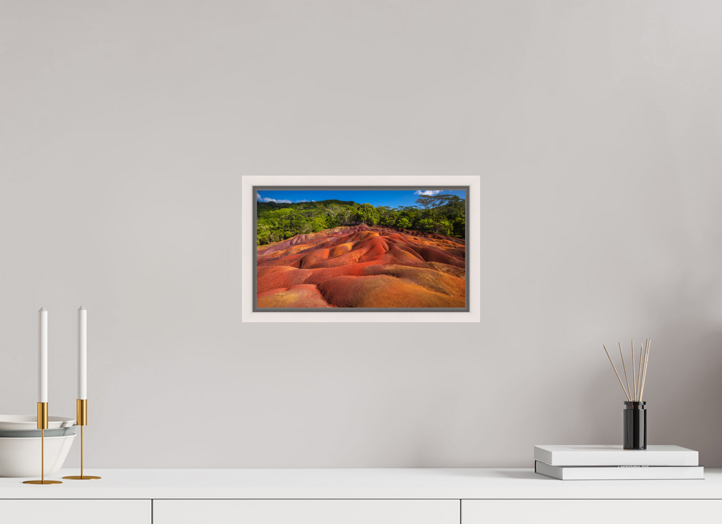32 x 18 cm, White Frame Chamarel 7 coloured Earths Geopark