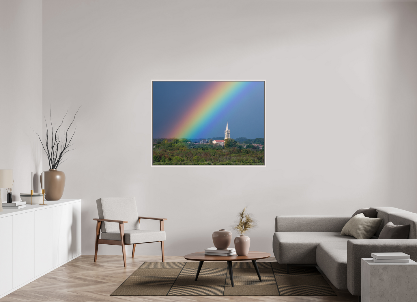 140 x 105 cm, White Frame Church and rainbow