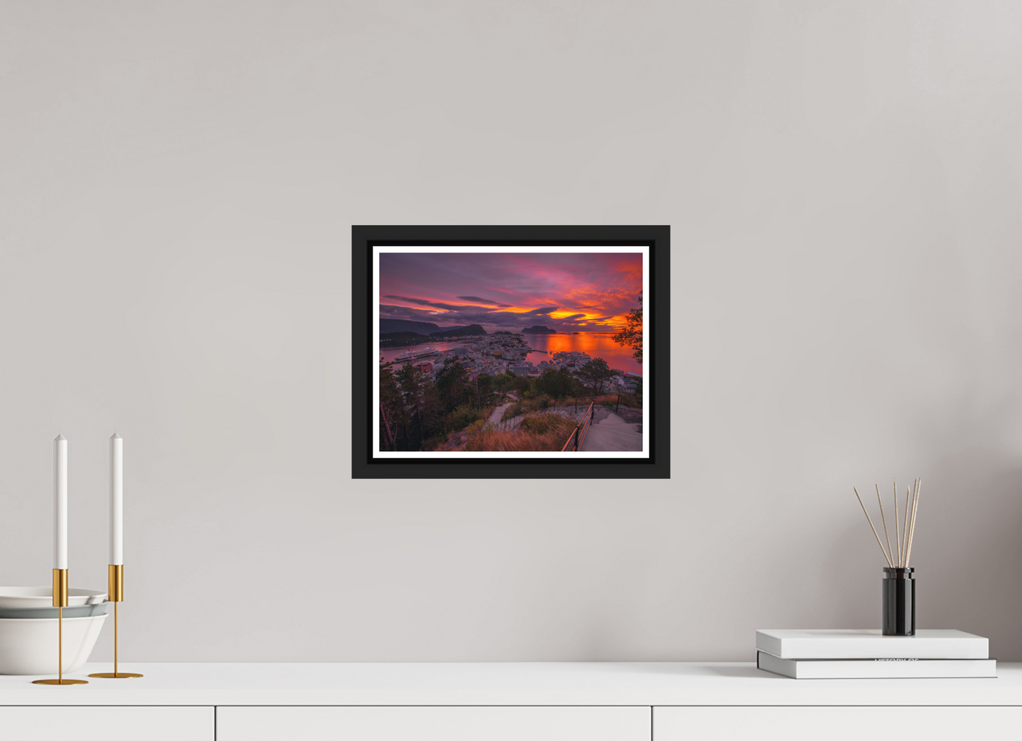 28 x 21 cm, Matt Black Frame Balmoral. Alesund Sunset