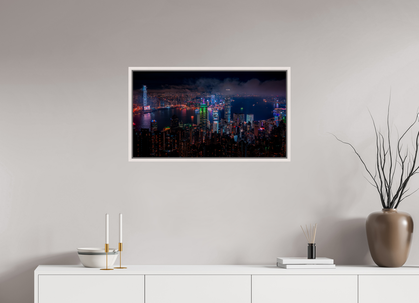 80 x 45 cm, White Frame Hong Kong Skyline from Victoria Peak